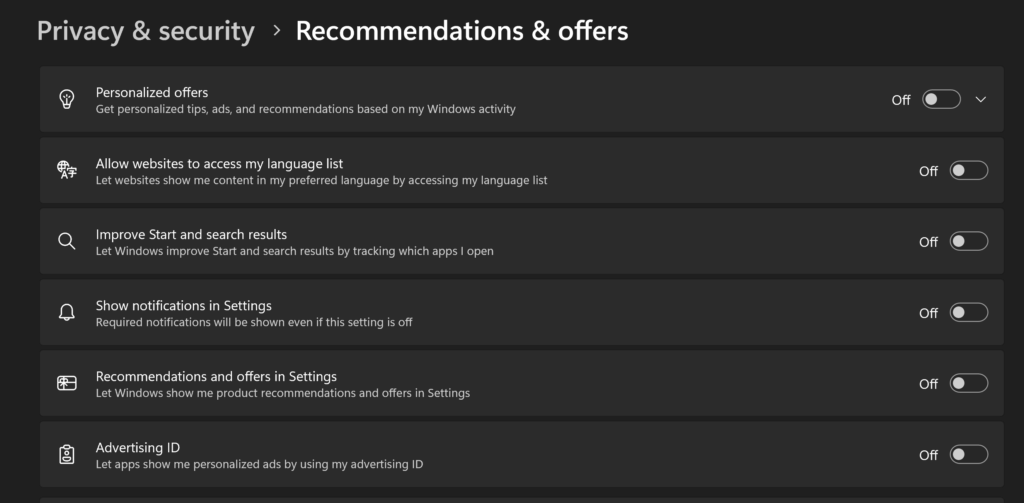 Recommendations and offers settings in Windows 11