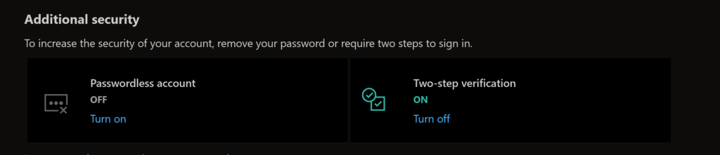 Two-step verification in Microsoft account