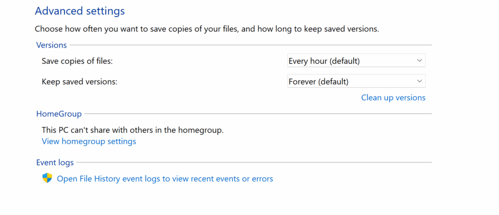 Advanced settings for File History in Windows 11
